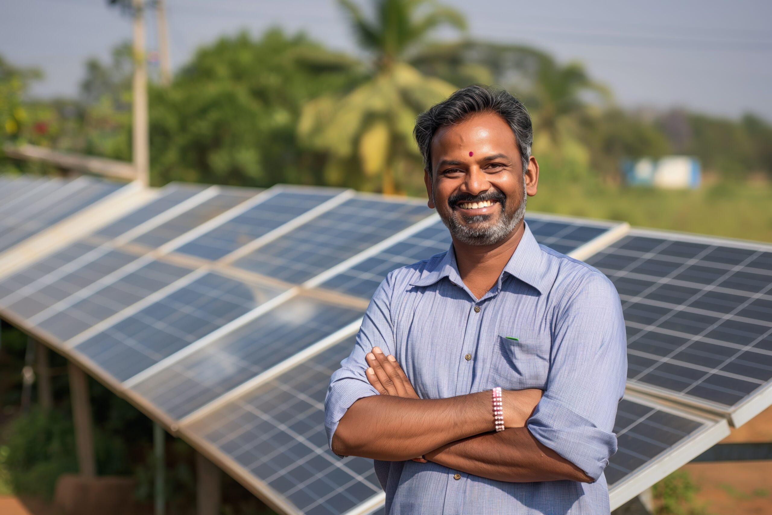 happy indian man stands confidently front solar panel array blue shirt warm smile solar scaled
